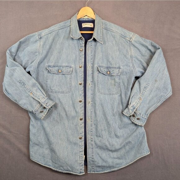 Vintage Orvis Men's Denim Shirt Jacket Fleece Lined Size L Navy Blue - Picture 1 of 15